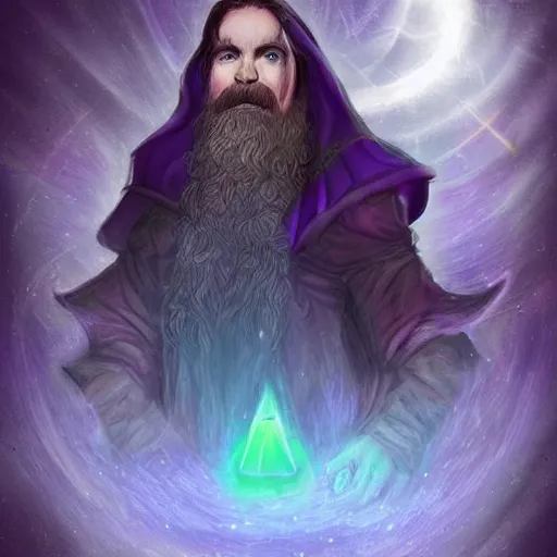 Image similar to dungeons and dragons, realistic,full body long hair goatee warlock with pet imp, magic aura, northern lights