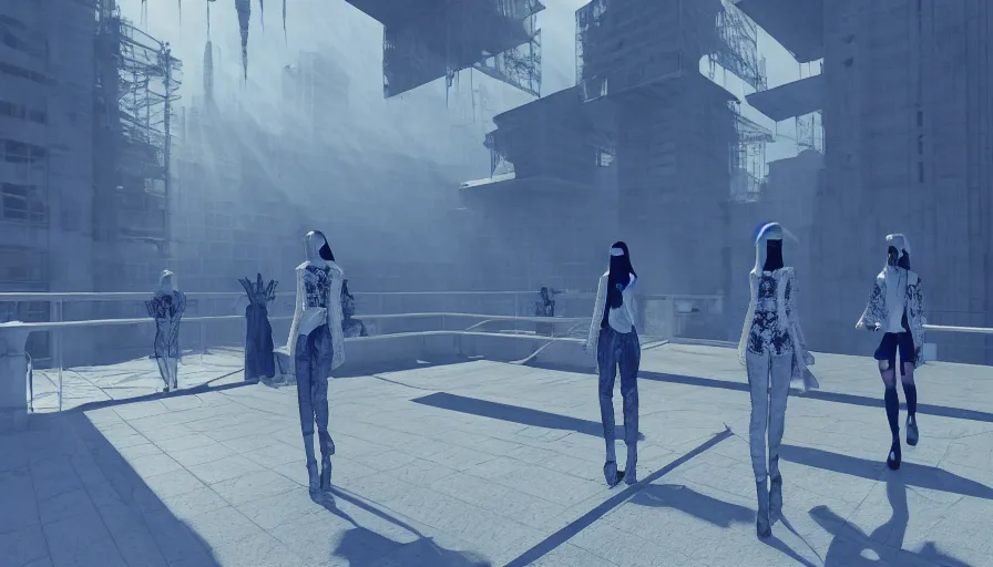 Prompt: Fashion Catwalk!! on a brutalist platform in an Angelic Floating City in the Clouds, Hyperrealistic, Intricate Details, Raytracing, Volumetric Lighting, Lightshafts, Blue and White Color Palette, Unreal Engine 5, Photorealism, Concept Art