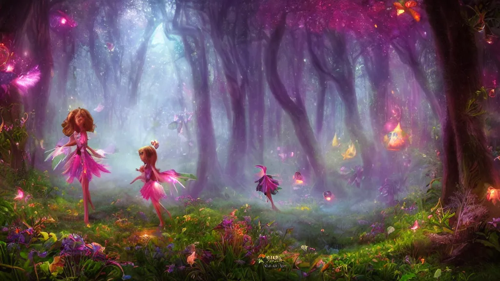 Prompt: fairies in a mystical magic forest, cinematic scene, colorful, candy, fantasy, fireflies, matte painting, concept art, medium shot, trending on artstation,