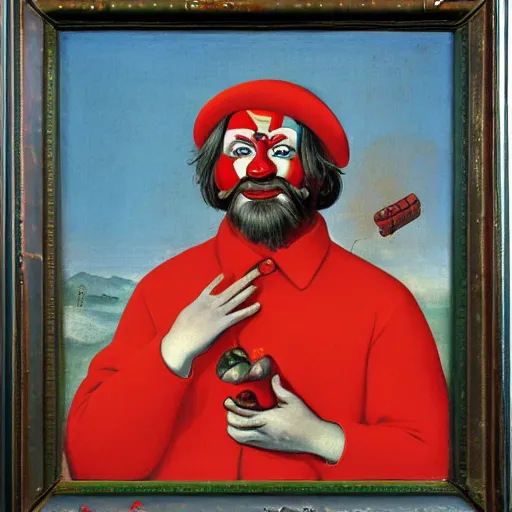 Image similar to communist clown, soviet propaganda, renaissance art style