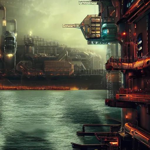 Image similar to photo of Immense industrial futuristic cargo ship arrives at cyber punk city sea port, cinematic lighting, photo