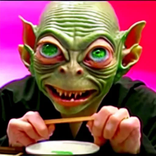 Image similar to gollum from lord of the rings eating sushi on a japanese game show