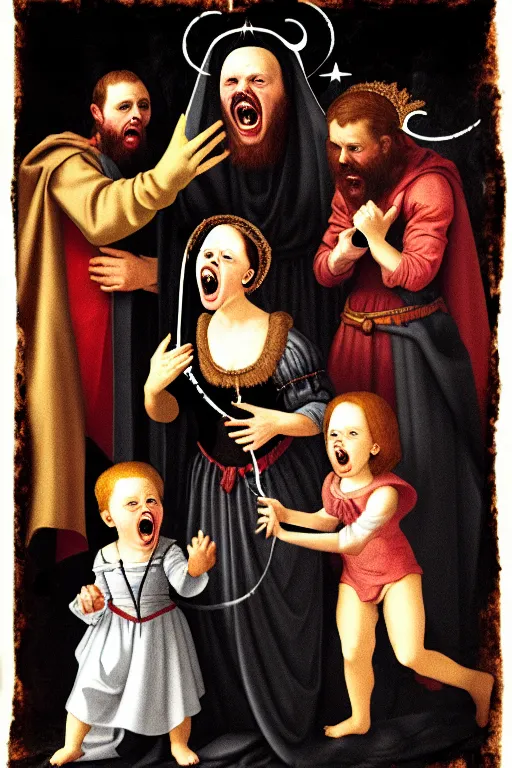 Prompt: renaissance style creepy family screaming, wearing a crown and a cape, dark background, atomic explosion