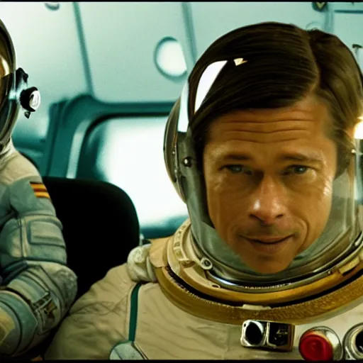 Prompt: in one frame, the toad sits opposite Brad Pitt in a spacesuit, 4k, 8k, top cinematic lighting , cinematic mood, symmetrical face