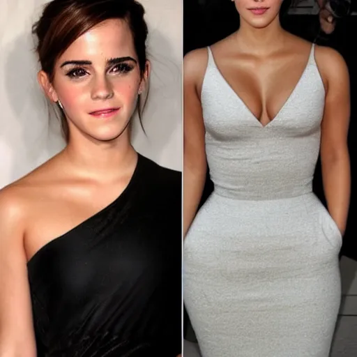 Image similar to emma watson mixed with kim kardashian, 5 0 - 5 0 mixture, full - figure profile