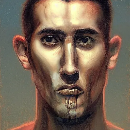 Image similar to surreal portrait of a man by Greg Rutkowski, symmetrical face, he is about 30 years old, short black hair with bangs, his features are a mix between French, Turkish and Russian, transformed into a kind of biomechanical transhuman god, uncany but fascinating, expression of epiphany and determination, cosmic void background, frightening, fascinating, highly detailed portrait, digital painting, book cover, artstation, concept art, smooth, sharp foccus ilustration, Artstation HQ