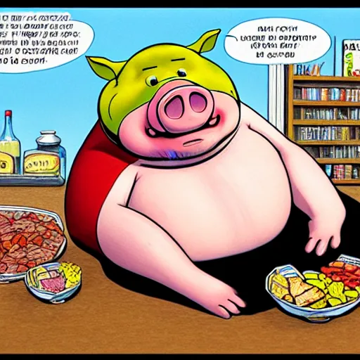 Prompt: comic art of a obese pig sitting on snacks, drawn by Bruce MacKinnon, vivid color, cgsociety 4K