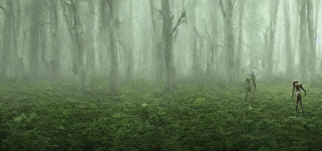 Image similar to a complex organic fractal 3 d metallic symbiotic ceramic humanoid megastructure creature in a swampy lush forest, foggy, cinematic shot, photo still from movie by denis villeneuve, manga style by junji ito