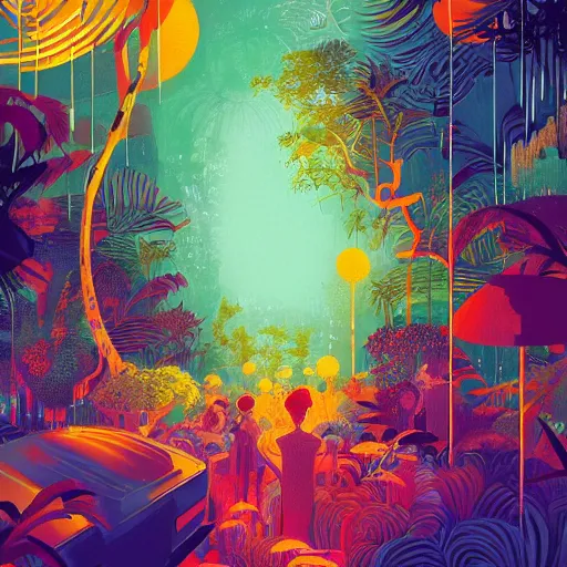 Prompt: disco diffusion painting of the jungle by victo ngai and malika favre, by rhads, makoto shinkai, madgwick, masterpiece, contest award winner