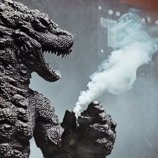 Image similar to godzilla smoking a joint, 5 5 mm