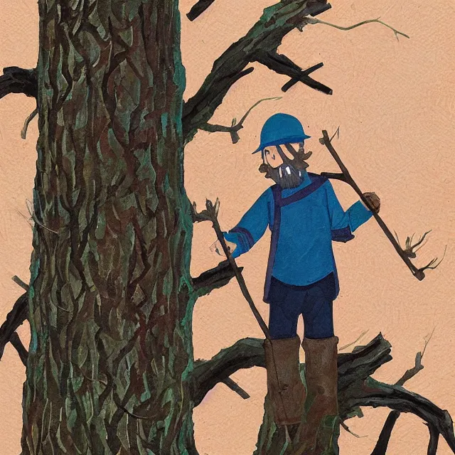 Prompt: the lumberjack of lumberville, tree woods. this gouache painting by the award - winning mangaka has beautiful color contrasts.