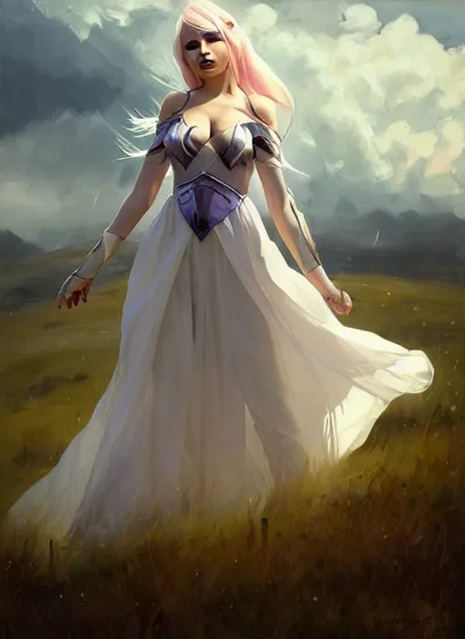 Prompt: portrait of Syndra from League of Legends in white dress, countryside, calm, fantasy character portrait, dynamic pose, above view, sunny day, thunder clouds in the sky, artwork by Jeremy Lipkin and Giuseppe Dangelico Pino and Michael Garmash and Rob Rey, very coherent asymmetrical artwork, sharp edges, perfect face, simple form, 100mm