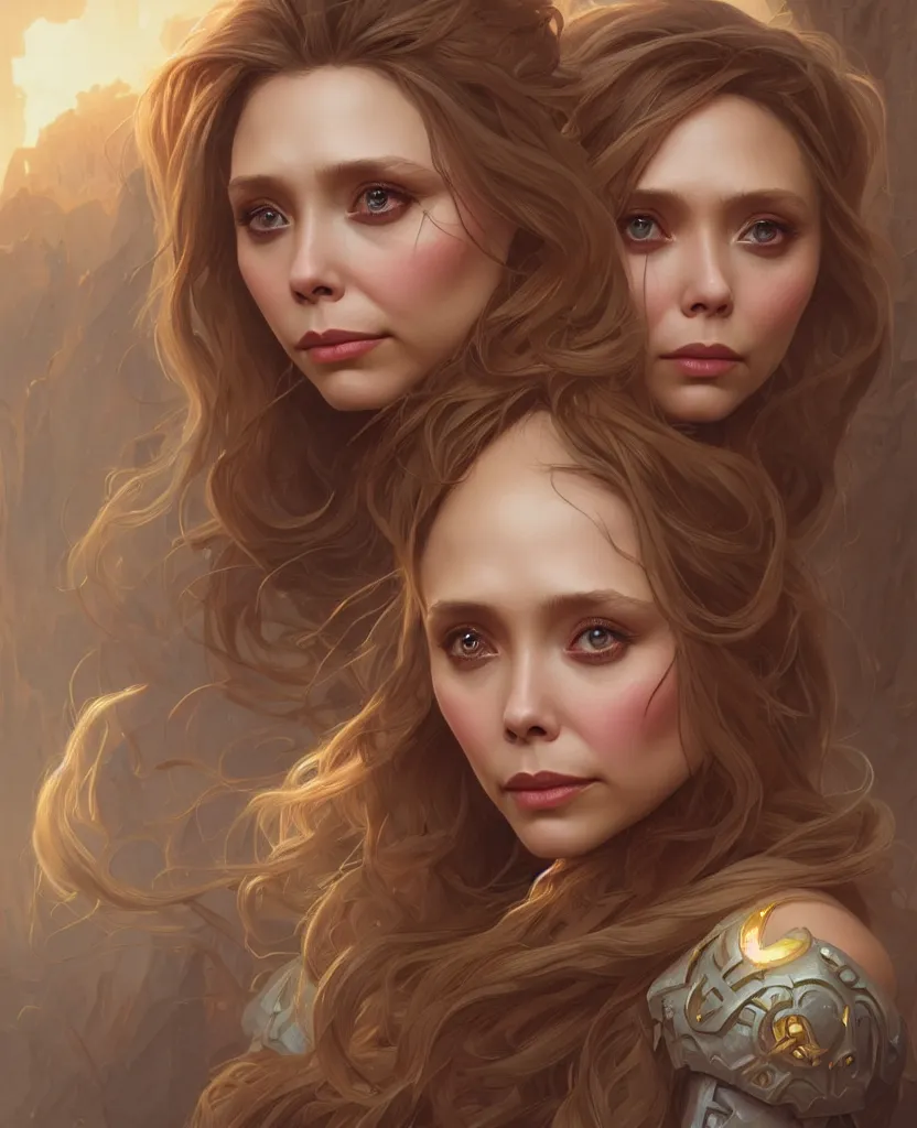 Prompt: Elizabeth Olsen, closeup, D&D, fantasy, intricate, elegant, highly detailed, digital painting, artstation, concept art, matte, sharp focus, illustration, hearthstone, art by Artgerm and Greg Rutkowski and Alphonse Mucha