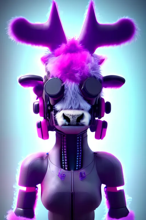 Prompt: high quality 3 d render cyberpunk very cute cyborg fluffy! cow hybrid!, highly detailed, unreal engine cinematic smooth, in the style of blade runner & detective pikachu, hannah yata charlie immer, purple light, low angle, uhd 8 k, sharp focus