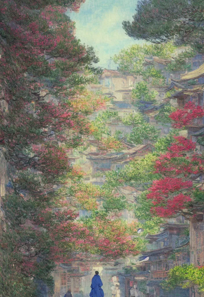 Image similar to a beautiful japanese city in the mountain, amazing ryokans and gorgeous edo era houses, fantastic non human character, epic cyberpunk, lofi vibe, colorful, vivide colors, amazing light, really beautiful nature, oil painting in impressionist style, by jeremy lipkin, by claude monet, by makoto shinkai, kandinsky touches, inspired by ghibli, masterpiece, beautiful