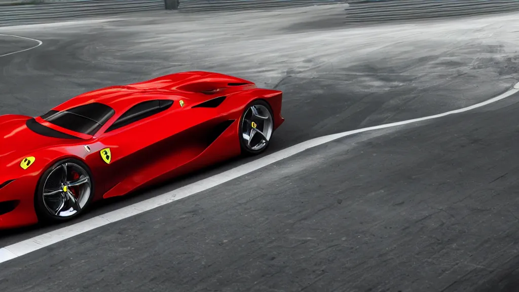 Image similar to photo of a ferrari concept car on racetrack, cinematic, fine details, symmetrical, 4 k