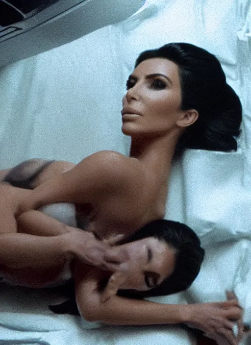 Prompt: film still of kim kardashian in the movie Alien, facehugger mounted on face, unconscious, cinematic shot, 4k.