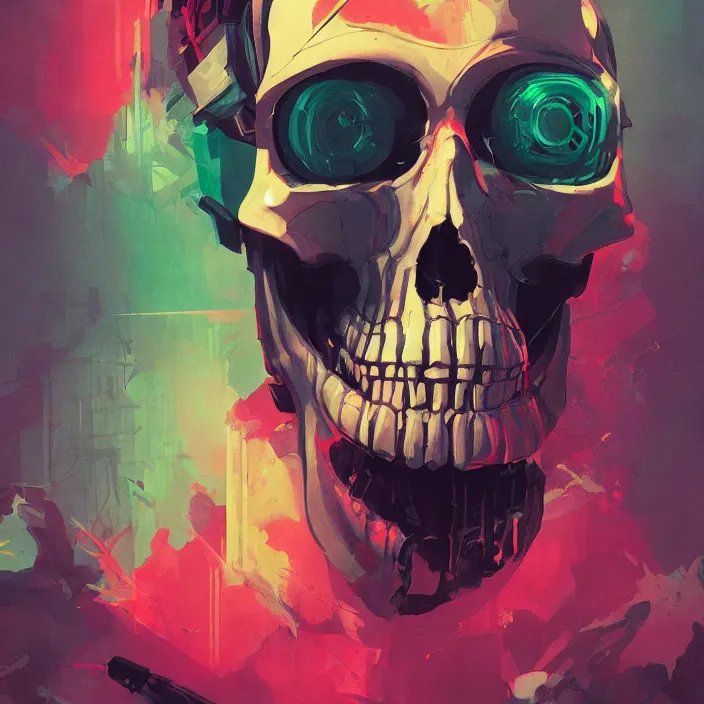 Prompt: a colorful comic noir illustration painting of a cyberpunk skull by sachin teng and sergey kolesov and sam yang. hyper detailed, sharp focus, soft light. octane render. ray tracing. trending on artstation