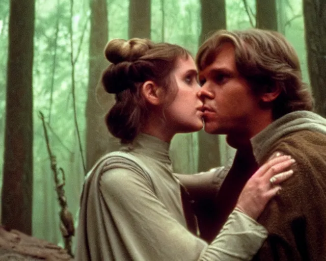 Prompt: luke skywalker, princess leia and han solo hugging and kissing in the forest of endor at the end of return of the jedi, faster, more intense