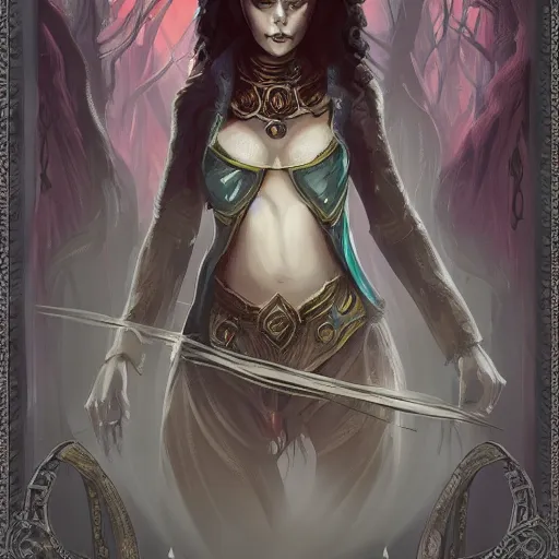 Image similar to a magic the gathering card of a female necromancer, fantasy, d & d, intricate, elegant, highly detailed, digital painting, artstation, concept art, matte, sharp focus, illustration, art in the style of disney