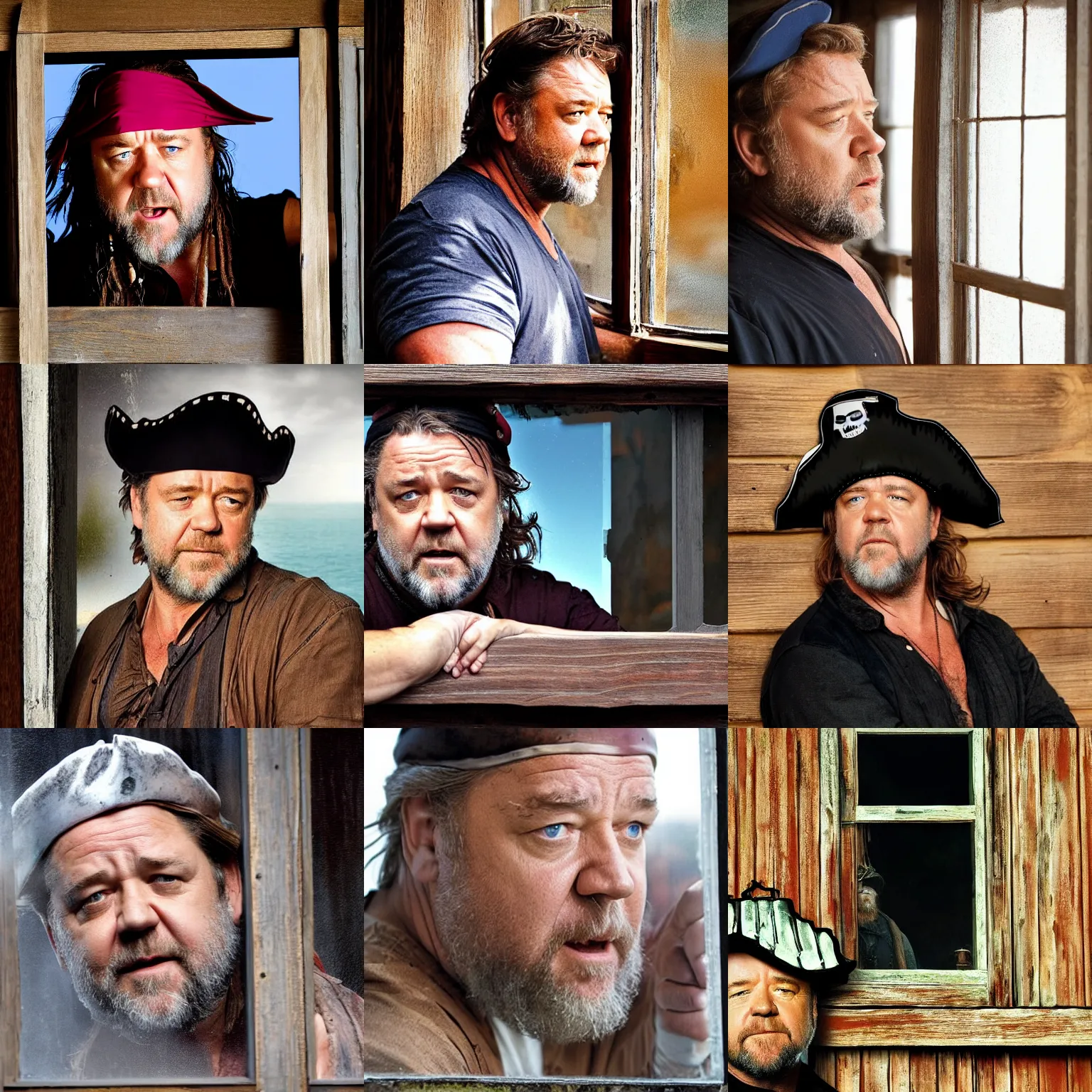 Prompt: russell crowe wearing a too large silly pirate hat behind a dirty window and wooden wall staring out