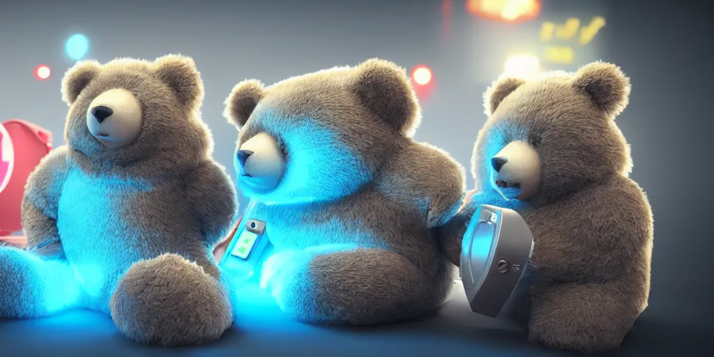 Prompt: two fluffy bears playing coleco vision with an old tv, octane render, 8 k resolution, cinematic