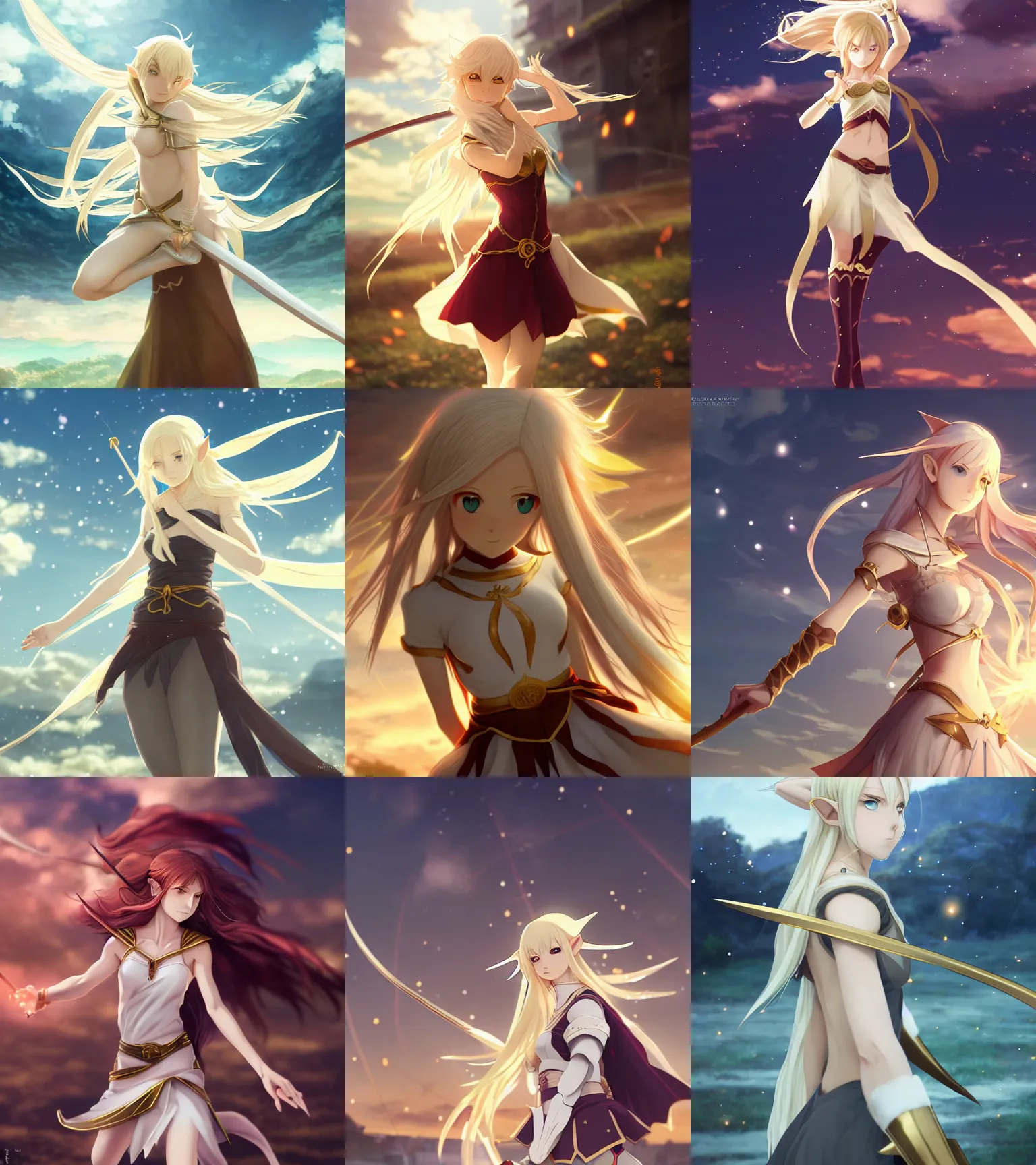 Prompt: renaissance anime brave elf girl with white skin, strong pose, bow in hand, golden hair blowing the wind, strong pose, trending art, fashion photography, centered, fate zero, extremely high detailed, bokeh color background, studio ghibly makoto shinkai, wlop