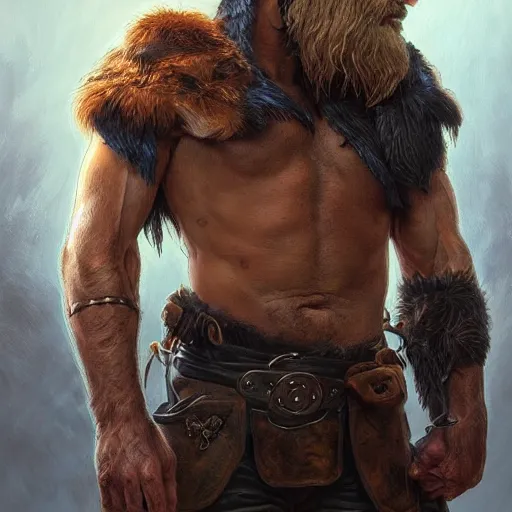 Prompt: portrait of a ruggedly handsome ranger, hands details, muscular, full body, leather, hairy, d & d, fantasy, intricate, elegant, highly detailed, digital painting, artstation, concept art, smooth, sharp focus, illustration, art by artgerm and greg rutkowski and alphonse mucha