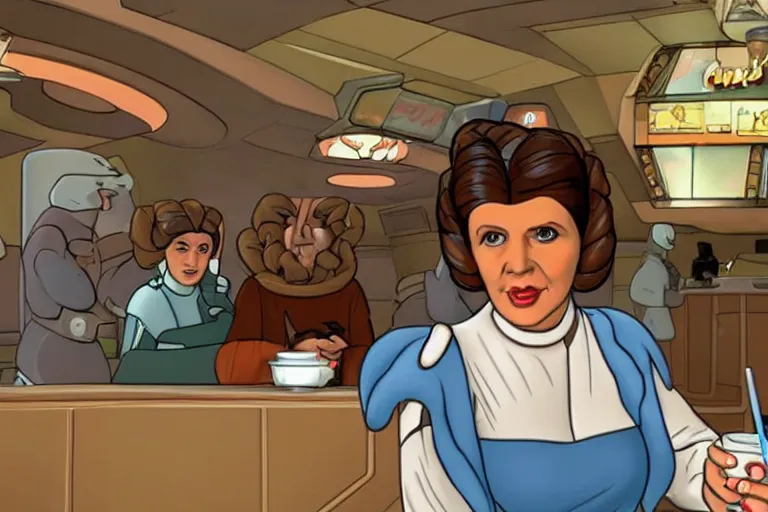 Image similar to princess leia having lunch at quark's bar on deep space nine