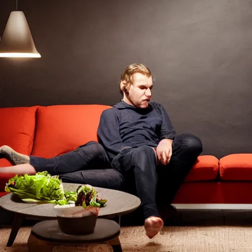 Prompt: highly realistic photo, ambient lighting, dark colors, dutch guy eating an albert heijn salad on a couch