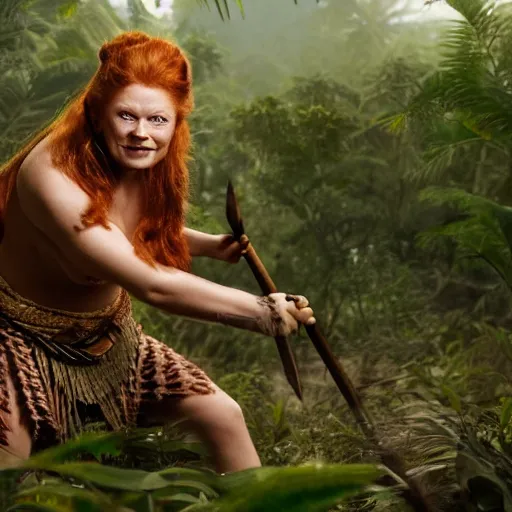 Prompt: a ginger dwaven women wielding a hammer and shield emerges from a hostile jungle. Before her lays an awesome floating mountain in the shape of a human heart. 4k realism