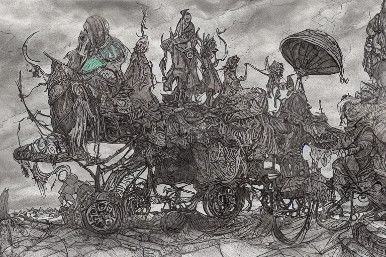 Prompt: caravan of portobello mushroomfolk merchant nomads traveling through a psychedelic landscape, in the style of Greg Broadmore and Arthur Rackham and Moebius, trending on artstation, light lighting side view,digital art,surrealism ,macro,blueprint ,vaporwave ,