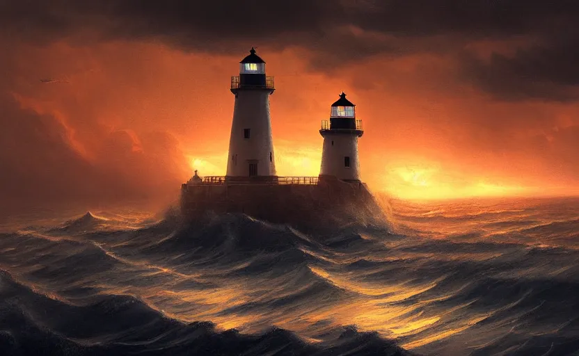 Prompt: painting of a lighthouse at sunset with a sailing ship in a storm, natural light, concept art, by greg rutkowski, cozy atmospheric and cinematic lighting