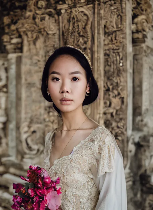 Prompt: portrait of elizabeth lily wearing kebaya in bali temple, by charlotte grimm, natural light, detailed face, beautiful features, symmetrical, canon eos c 3 0 0, ƒ 1. 8, 3 5 mm, 8 k, medium - format print