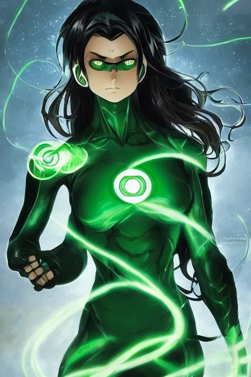 Image similar to anime key visual of a beautiful young female green lantern!! intricate, green and black suit, glowing, powers, dc comics, cinematic, stunning, highly detailed, digital painting, artstation, smooth, hard focus, illustration, art by artgerm and greg rutkowski and alphonse mucha