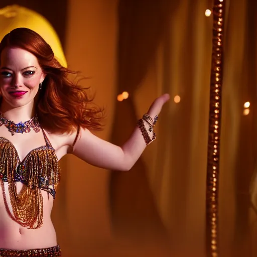 Image similar to a beautiful portrait of emma stone as a belly dancer, arabian night, high quality, fully detailed, 4 k