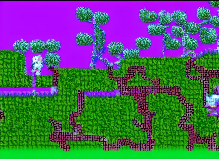 Image similar to screenshot of a sega saturn game about robot gardeners