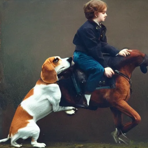 Image similar to a beagle riding a horse