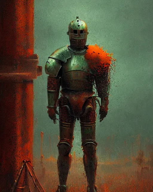 Image similar to Hyper realistic painting of a knight in a rusted full plate armor, green and orange rust, hyper detailed, thunderstorm, midnight, volumetric lighting, creepy atmosphere, by greg rutkowski