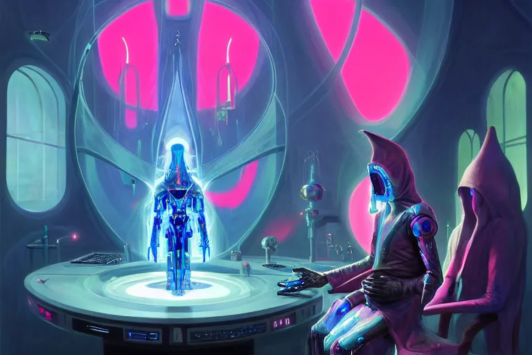 Image similar to a beautiful masterpiece painting of a cybernetic technomancer wizard in robes with pointed hood discussing sentience with 3 of his synthesized AI djinn in his laboratory near a computer by Remedios Varo and Anato Finnstark and Greg Rutkowski, dayglo pink, dayglo blue, dazzle camouflage!, 8k, trending on ArtStation