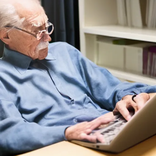 Prompt: elderly man inside a casket browsing internet on laptop from a casket casket