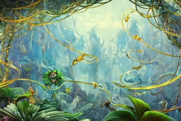 Image similar to a huge flock of many smooth puffy filigreed clouds tangled into whirling ultra detailed crystal specimens, art nouveau jungle environment, playful, award winning art, epic dreamlike fantasy landscape, ultra realistic,