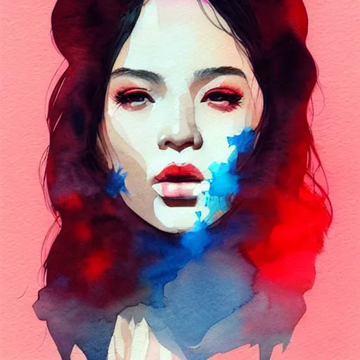 Image similar to portrait of very beautiful young filipino woman, smoke, dark background, by conrad roset, watercolor trending on artstation