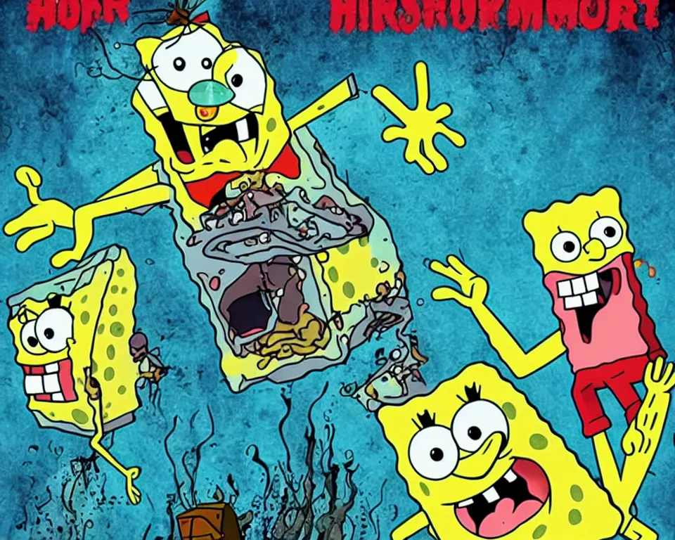 Image similar to a horror movie poster featuring spongebob