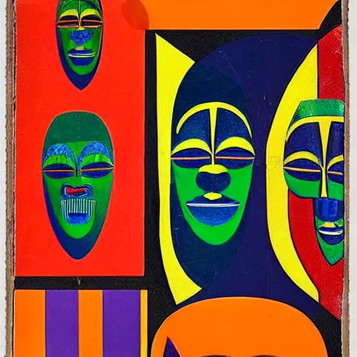 Prompt: a restored photography of a collection of ( ( ( ( ( ( ( ( ( ( african masks ) ) ) ) ) ) ) ) ) ), ( ( ( ( ( ( ( fauvisme ) ) ) ) ) ) ), in the style of memphis design, outdoor, neo modernism, 1 9 2 0, bright colors, documentary