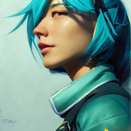 Image similar to greg manchess portrait painting of asada shino sinon as overwatch character, turquoise hair, medium shot, asymmetrical, profile picture, organic painting, sunny day, matte painting, bold shapes, hard edges, street art, trending on artstation, by huang guangjian and gil elvgren and sachin teng