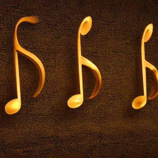 Prompt: a polished bronze sculpture of music notation, three quater notes, art installation, cinematic light, rain, 8 k, unreal render, reflections,