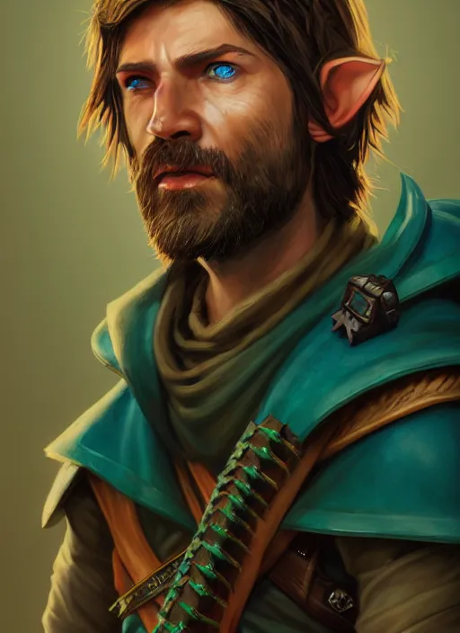 Image similar to A striking epic realism comic book style portait painting of an arrogant half-elf ranger, teal tunic, teal headband, shaggy brown hair, scruffy beard, holding crossbow, D&D Concept Art, unreal 5, DAZ, hyperrealistic, octane render, cosplay, RPG portrait, dynamic lighting