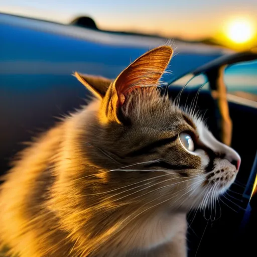 Image similar to cat behind the steering wheel of a cabriolet, seen from above, golden hour, front top side view, golden ratio, idyllic setting