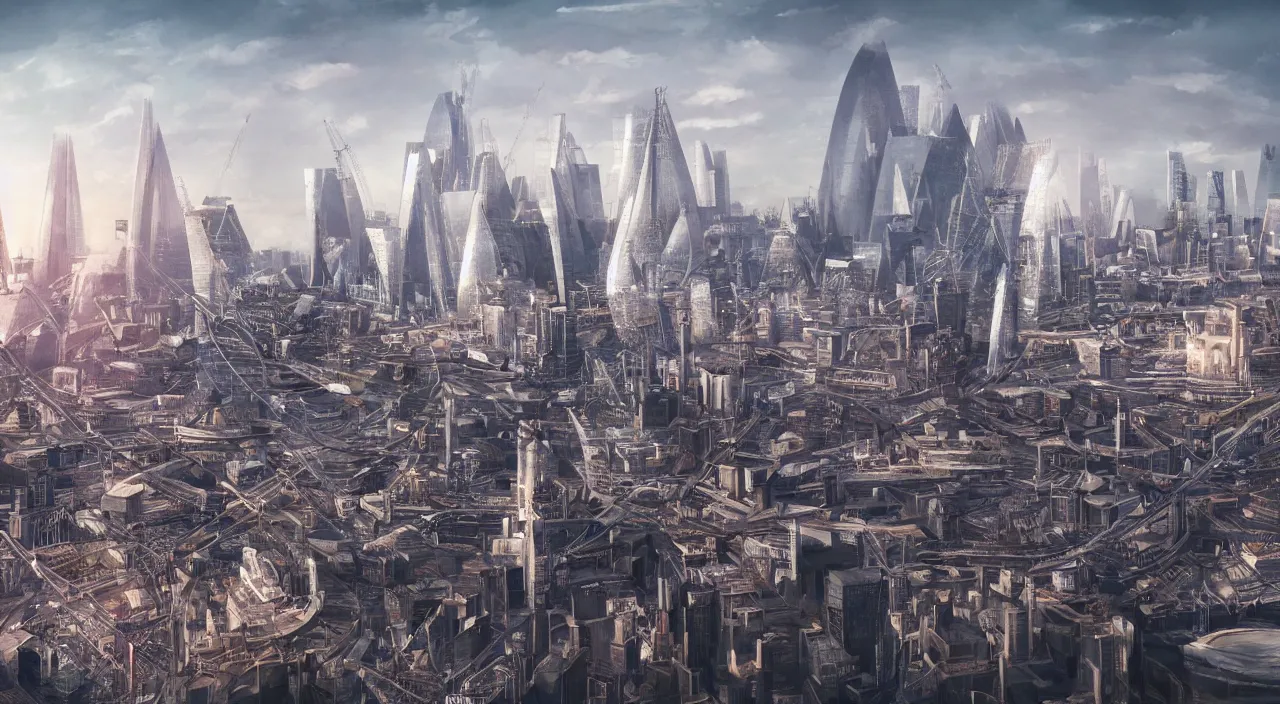 Prompt: the london skyline in the year 2 0 7 7. landmarks, highly detailed, artstation, concept art, matte, sharp focus, hyper realism, photorealistic, cinematic